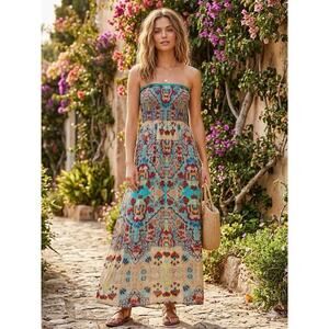 ANGIE Boho Strapless Smocked Maxi Dress Small Mandala Floral Medallion Rayon